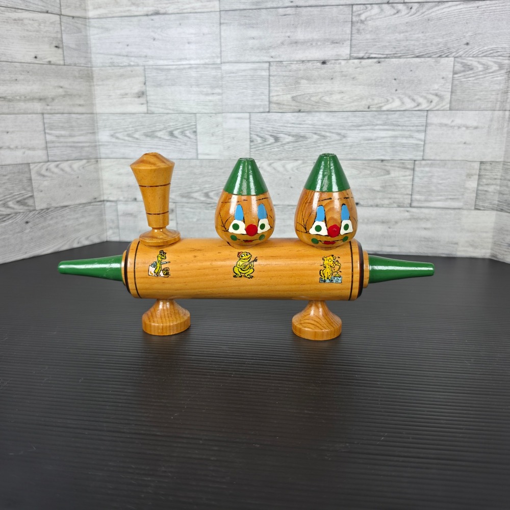 Vintage Wood Clown Salt Pepper Shaker Set Rolling Pin Base Toothpick Holder